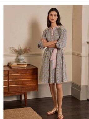 Boden Belted Cotton Dress in Ivory Mosaic Tile Print Size 12 NWOT